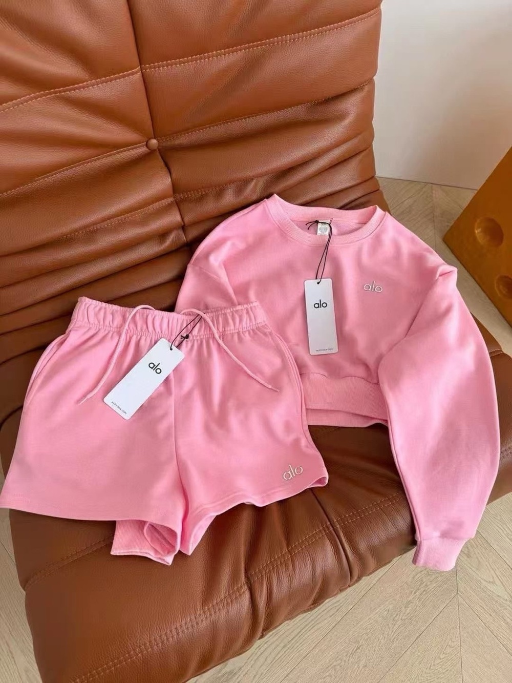 ALO Yoga Pink Cropped Sweatshirt & Shorts Set